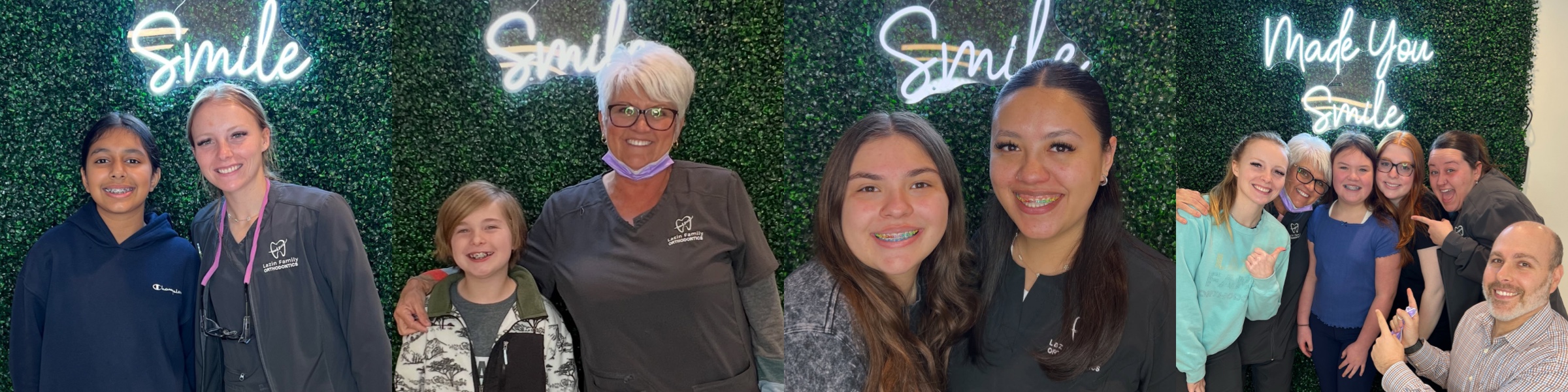 Lazin Family Orthodontics patients and team smiling in front of the Smile neon wall